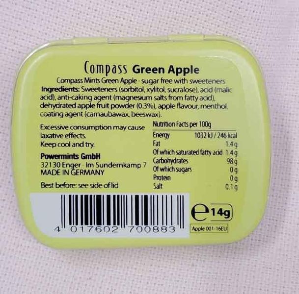 Льодяники з смаком яблука Compass Green Apple 12шт по 14g без цукру Німеччина 20221110001 фото