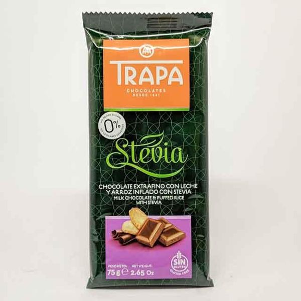 Шоколад молочний з рисовими кульками Trapa Stevia Milk Chocolate with Puffed Rice 0% Added Sugar, 75 г Іспанія 23725 фото