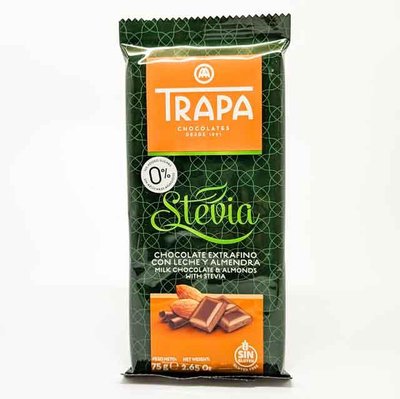 Шоколад молочний зі стевією та мигдалем Trapa Stevia Milk Chocolate & Almonds 0% Added Sugar, 75 г Іспанія 23726 фото