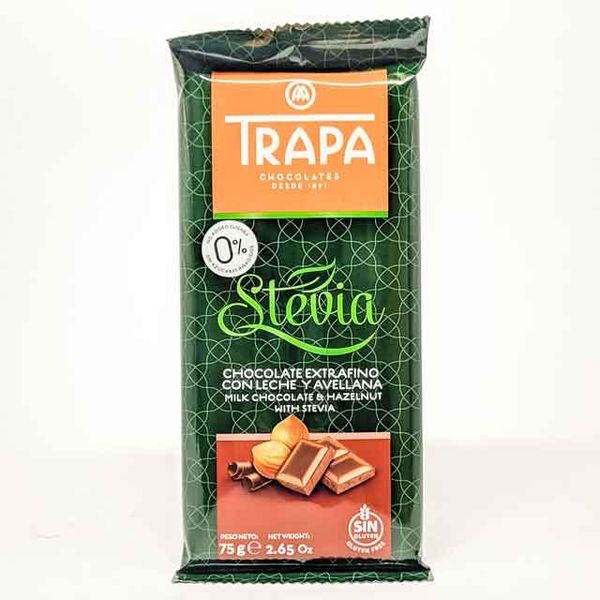 Шоколад молочний зі стевією та фундуком Trapa Stevia Milk Chocolate Hazelnut 0% Added Sugar, 75 г Іспанія 23727 фото