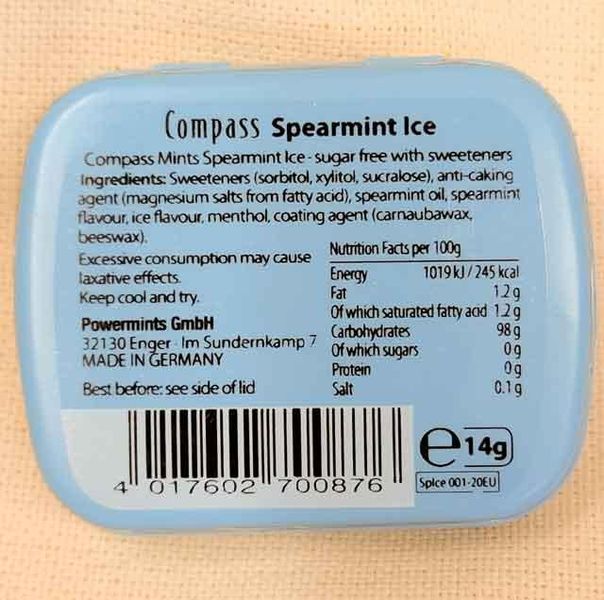 Льодяники Compass Spear Mint Ice 12шт по 14g мятні без цукру Німеччина 20221110004 фото